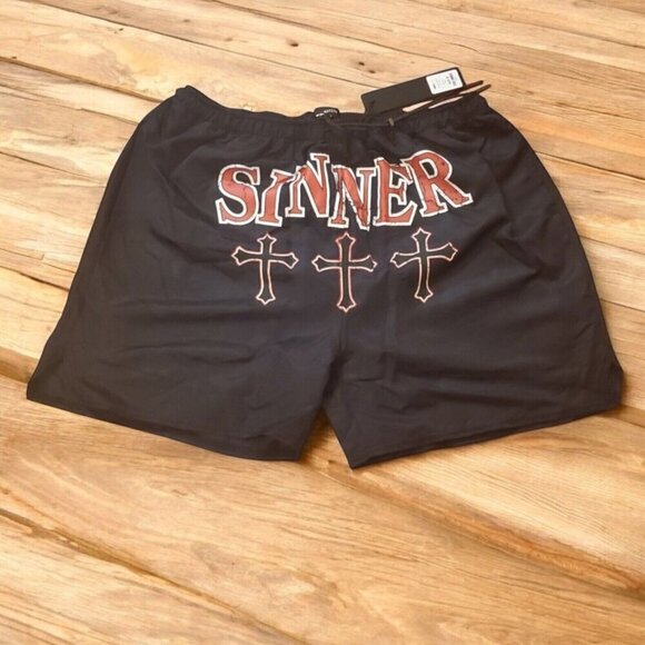 Fashion Nova Swimtrunks Men's Size M Black Red Sinner Crucifix's Mesh Lining NWT - Picture 1 of 11